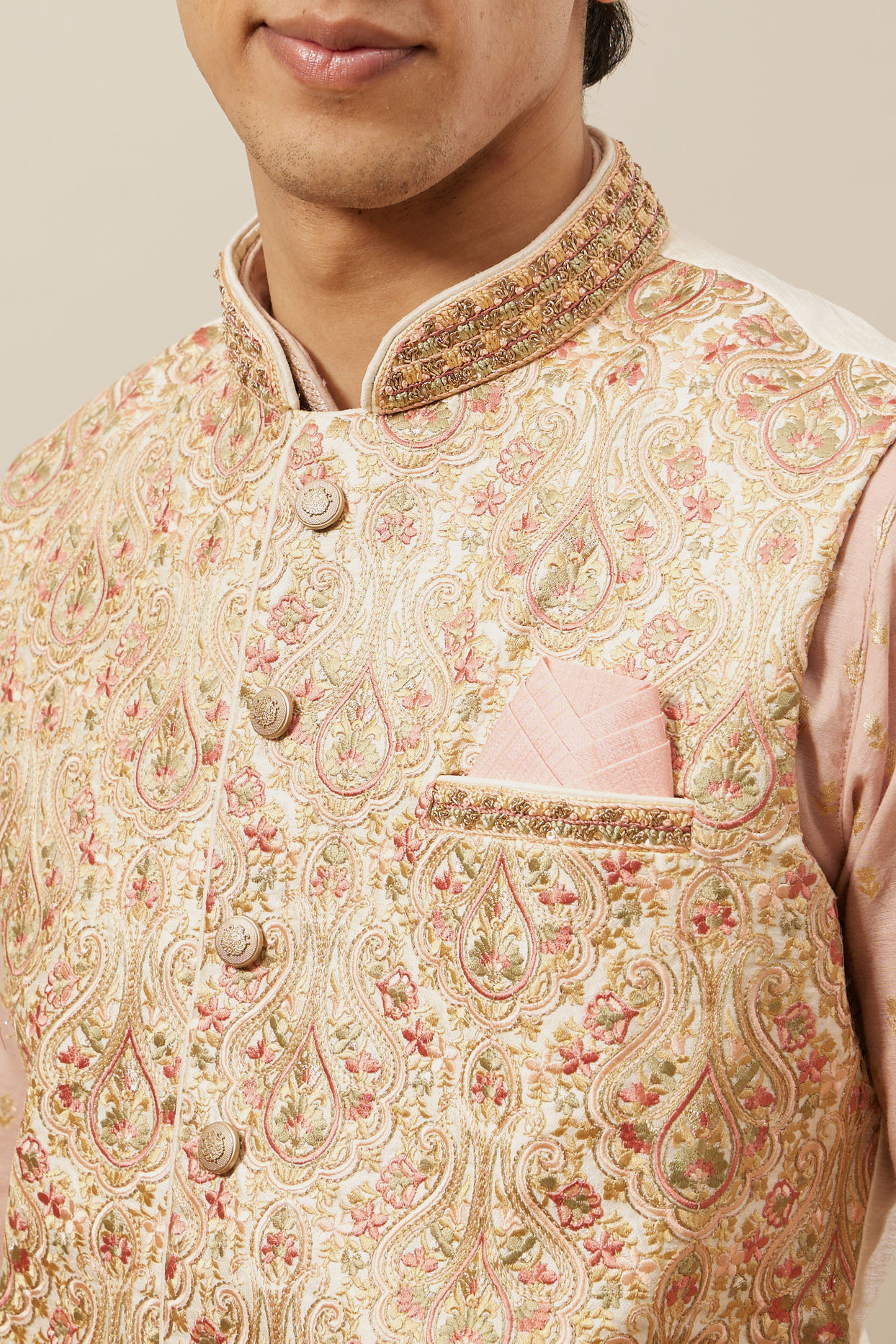 alt message - Manyavar Men Rich Cream Medallion Patterned Jacket image number 1