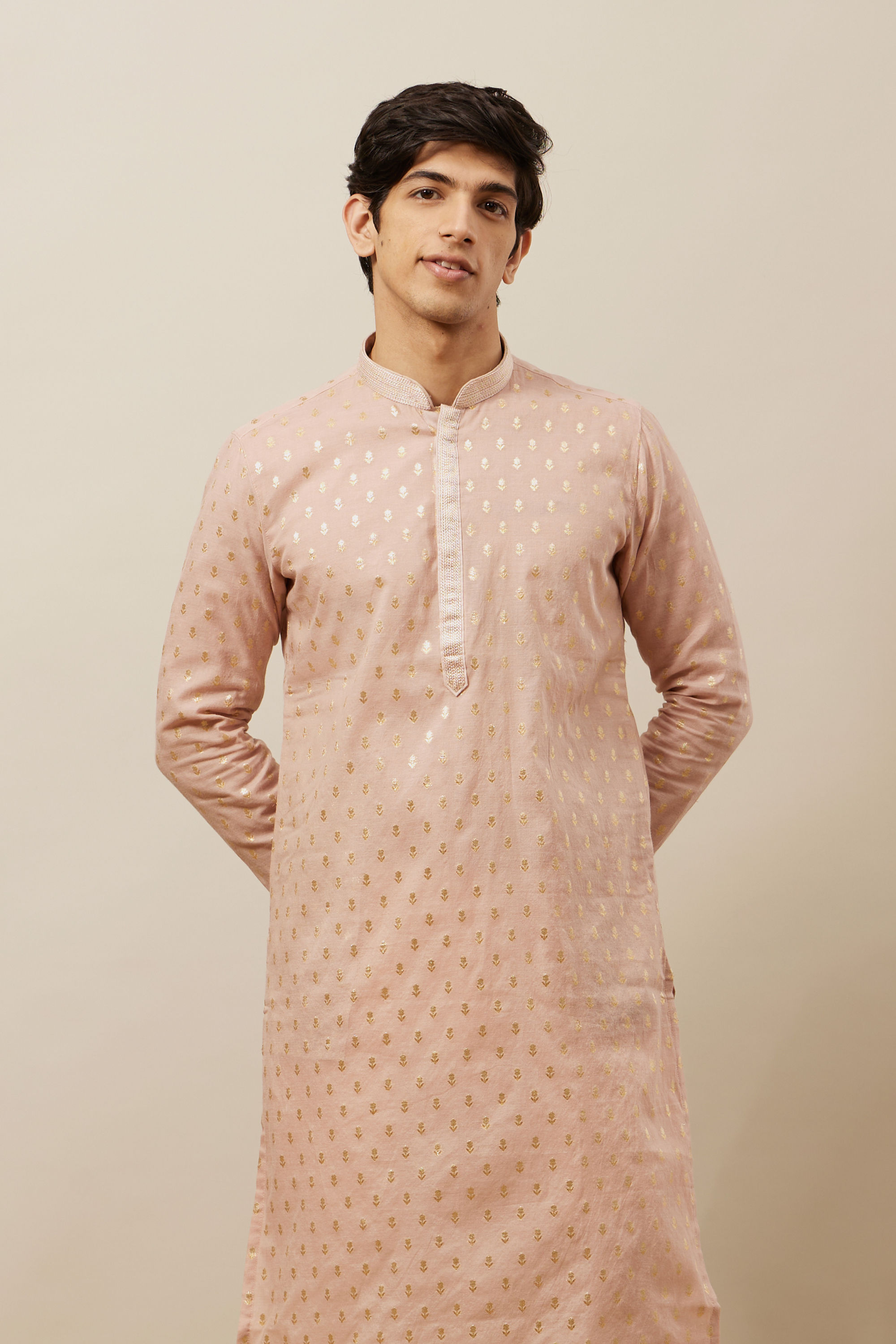 Manyavar Men Soft Pink Buta Patterned Kurta Set