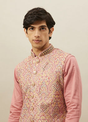 alt message - Manyavar Men Quartz Pink Medallion Patterned Chikankari Jacket Set image number 0