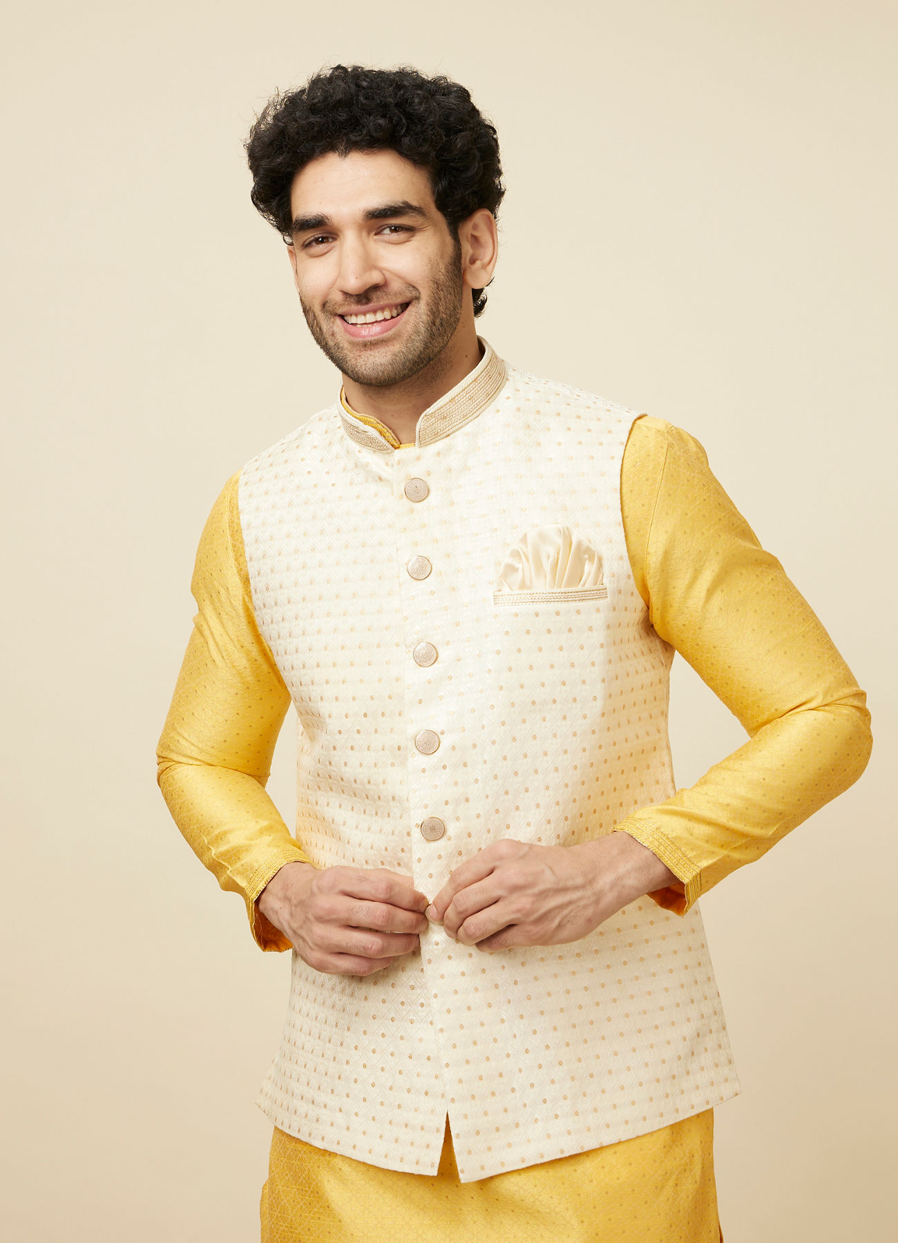 Manyavar Men Light Cream Booti Print Jacket