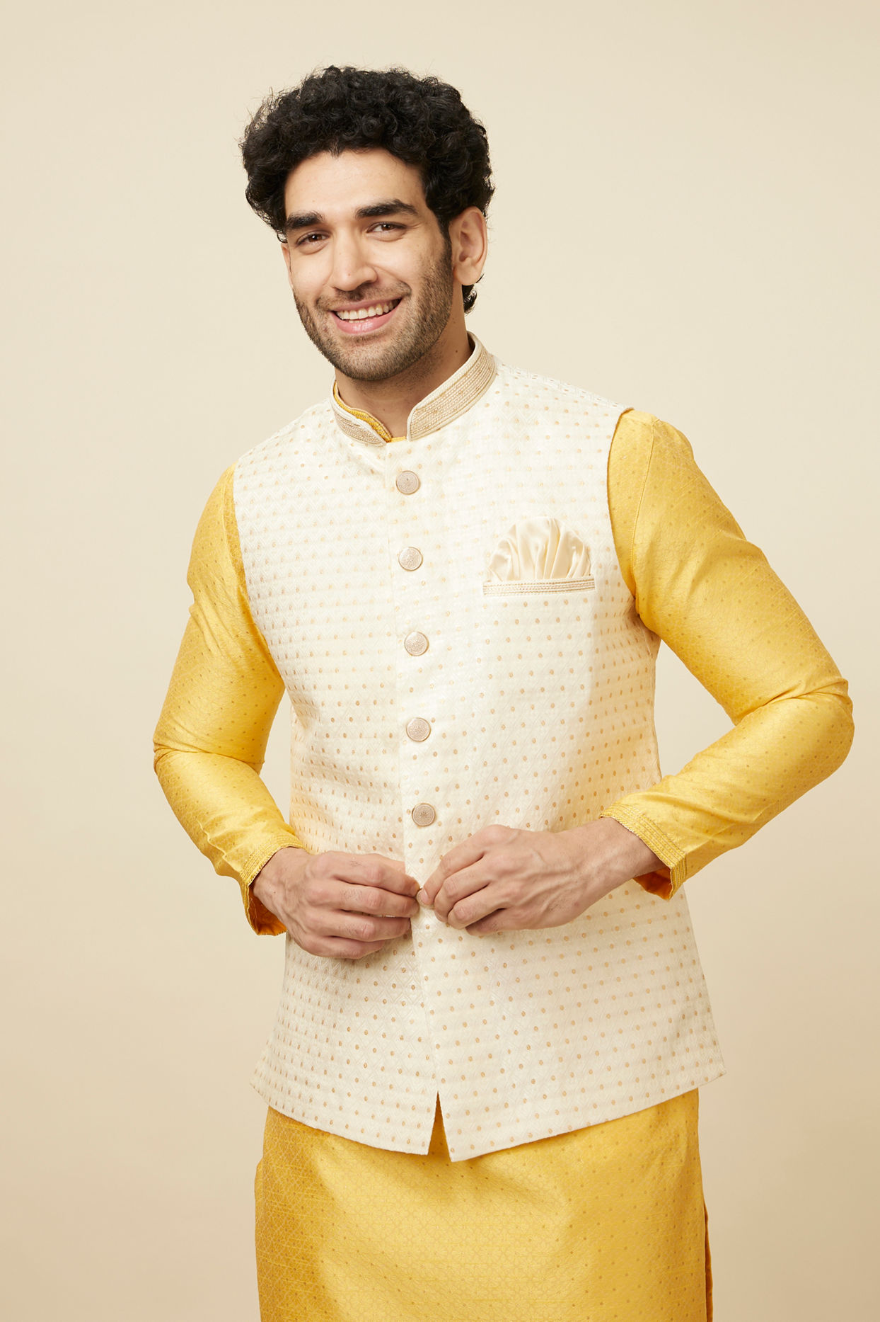 Buy Light Cream Booti Print Jacket Online in India Manyavar Nehru