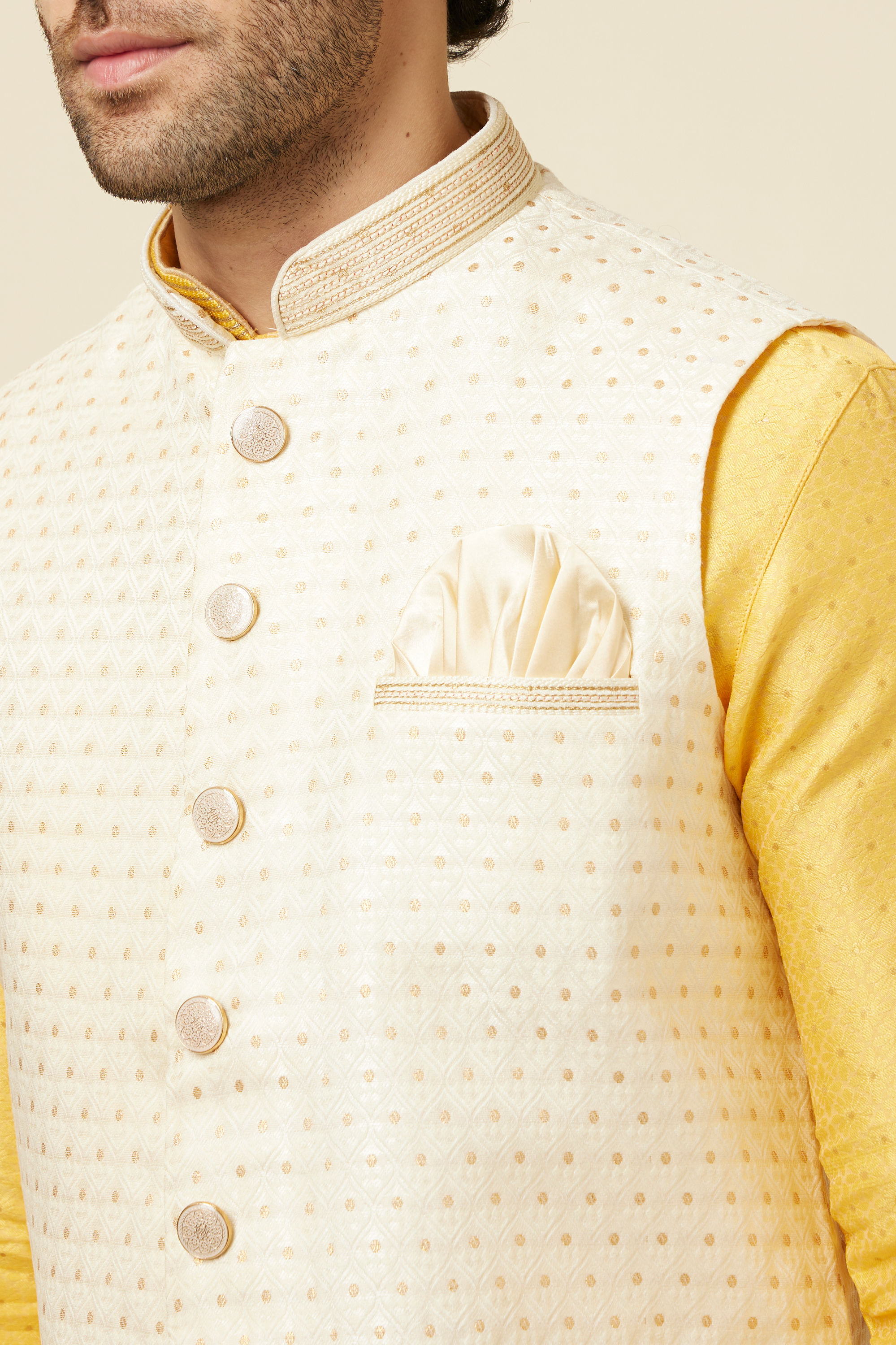 Manyavar Men Light Cream Booti Print Jacket