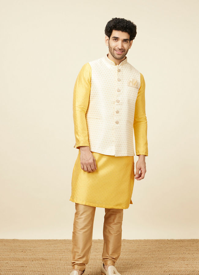 alt message - Manyavar Men Light Cream Booti Print Jacket image number 2