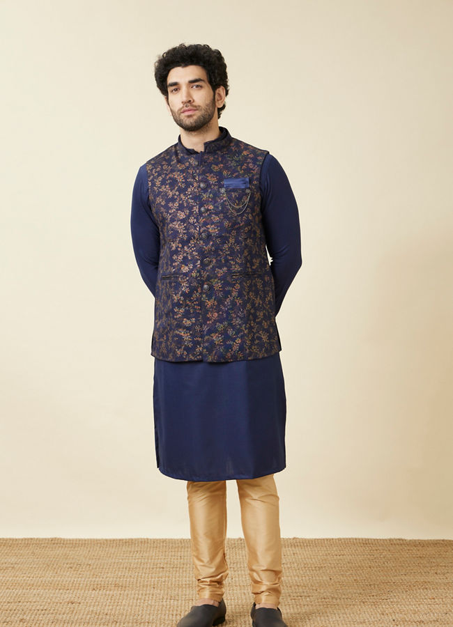 Manyavar Men Twilight Blue Floral Printed Jacket Set