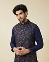 alt message - Manyavar Men Twilight Blue Floral Printed Jacket Set image number 0