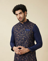 Manyavar Men Twilight Blue Floral Printed Jacket Set