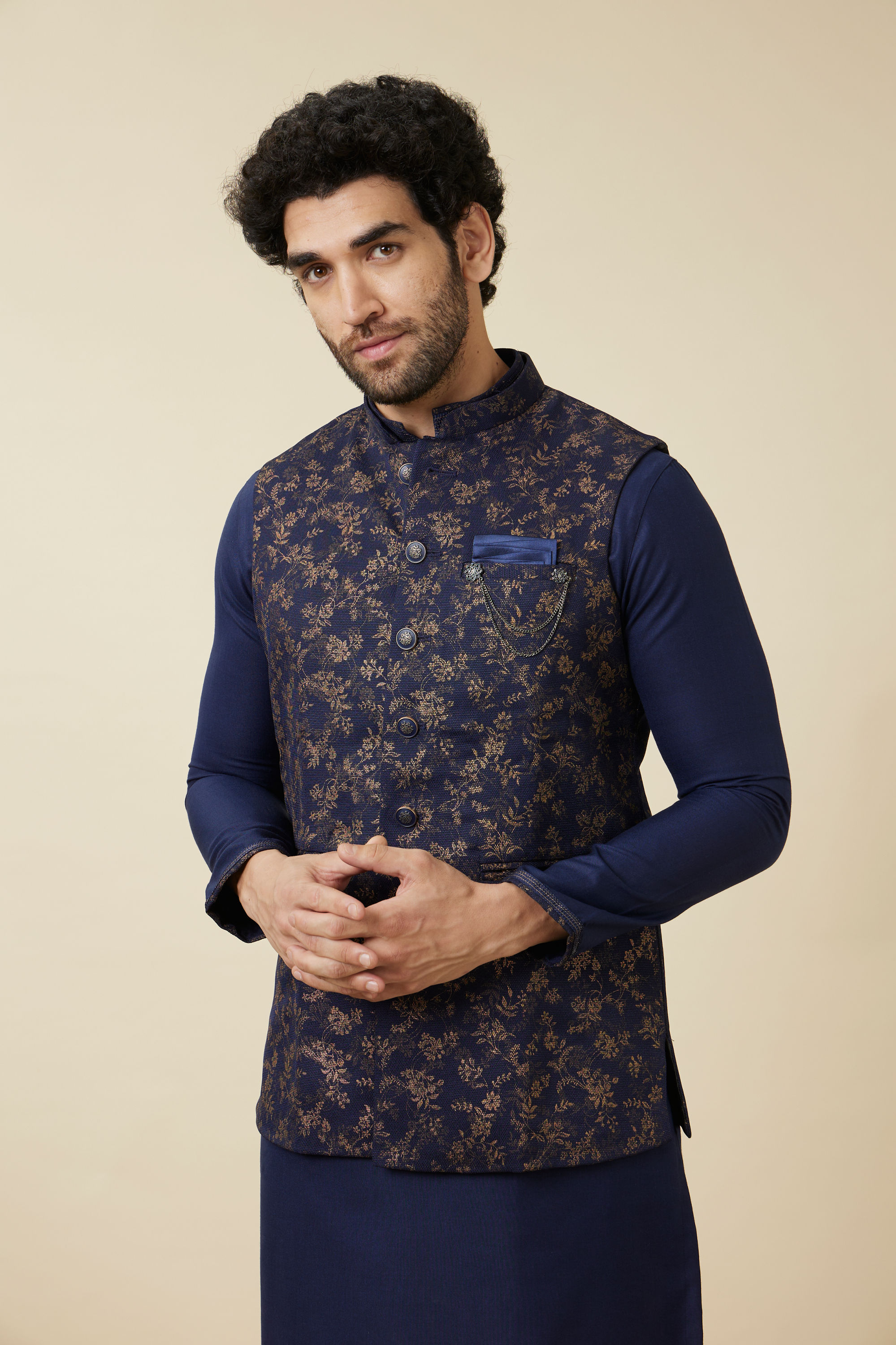 Manyavar Men Twilight Blue Floral Printed Jacket Set