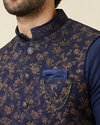 Manyavar Men Twilight Blue Floral Printed Jacket Set