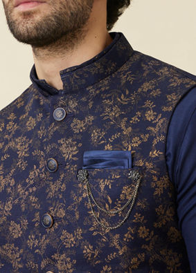 alt message - Manyavar Men Twilight Blue Floral Printed Jacket Set image number 1