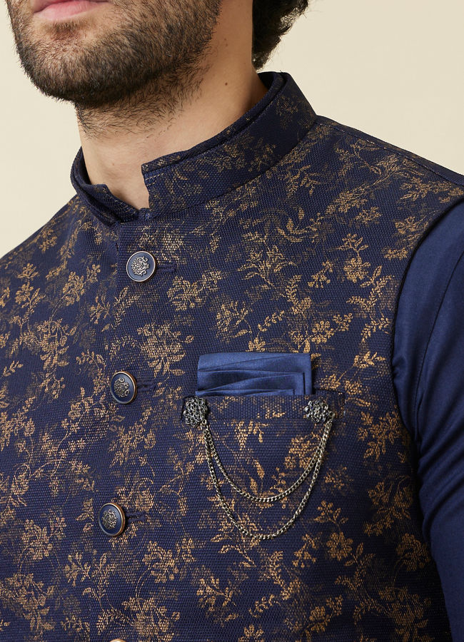 alt message - Manyavar Men Twilight Blue Floral Printed Jacket Set image number 1