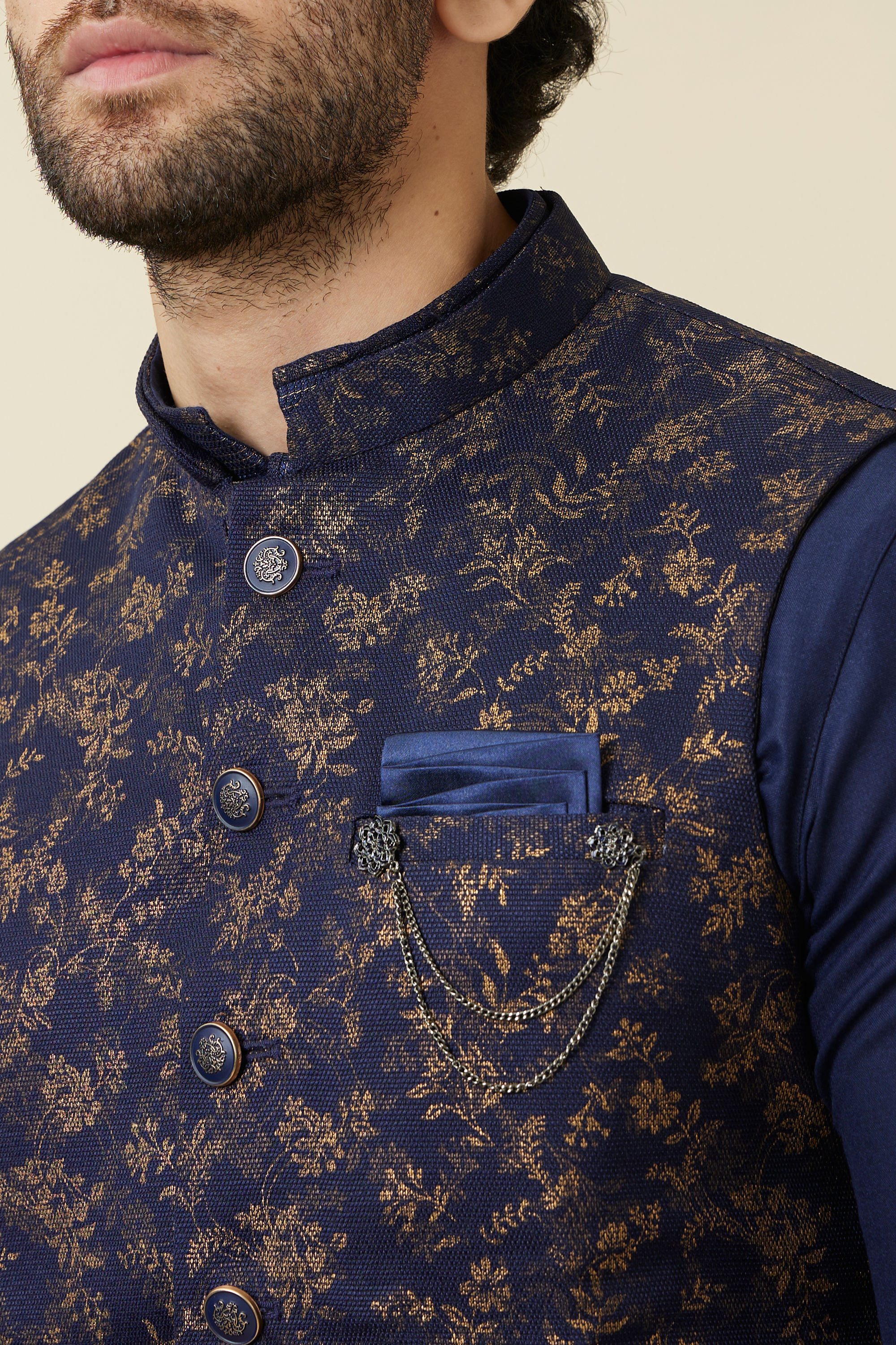 Manyavar Men Twilight Blue Floral Printed Jacket Set