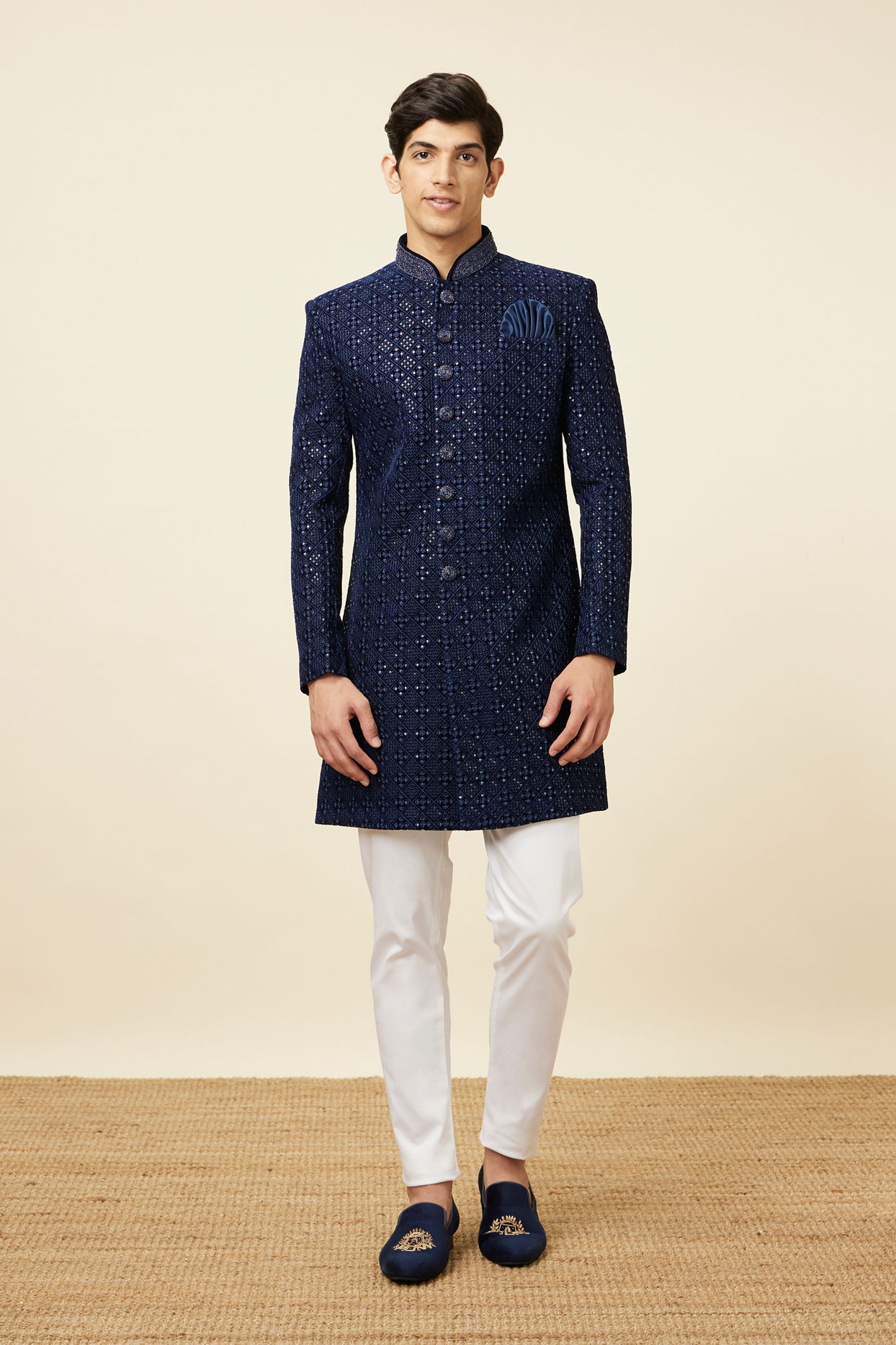 Manyavar Men Sapphire Blue Sequins Embroidered Indo Western