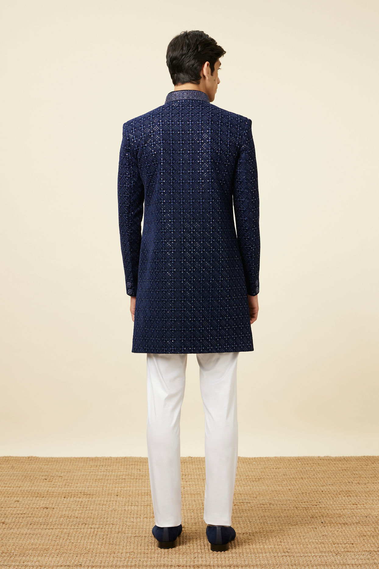 Manyavar Men Sapphire Blue Sequins Embroidered Indo Western