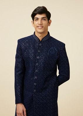 alt message - Manyavar Men Sapphire Blue Sequins Embroidered Indo Western image number 0