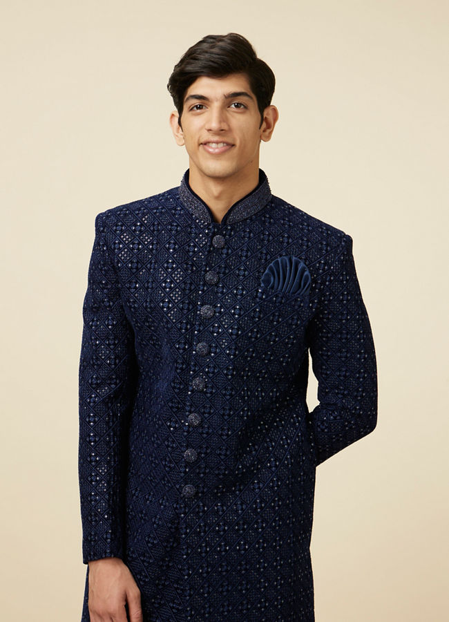 alt message - Manyavar Men Sapphire Blue Sequins Embroidered Indo Western image number 0