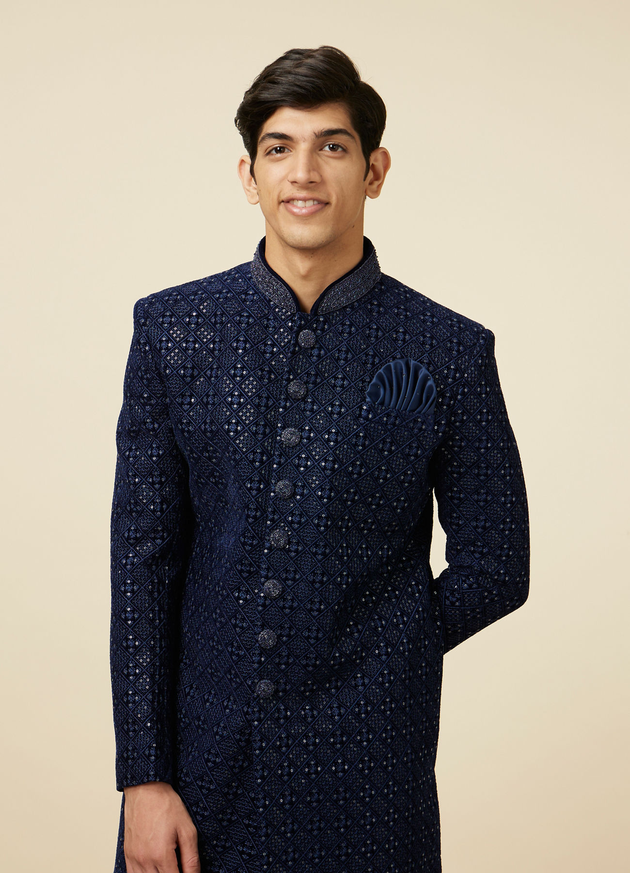 Manyavar Men Sapphire Blue Sequins Embroidered Indo Western