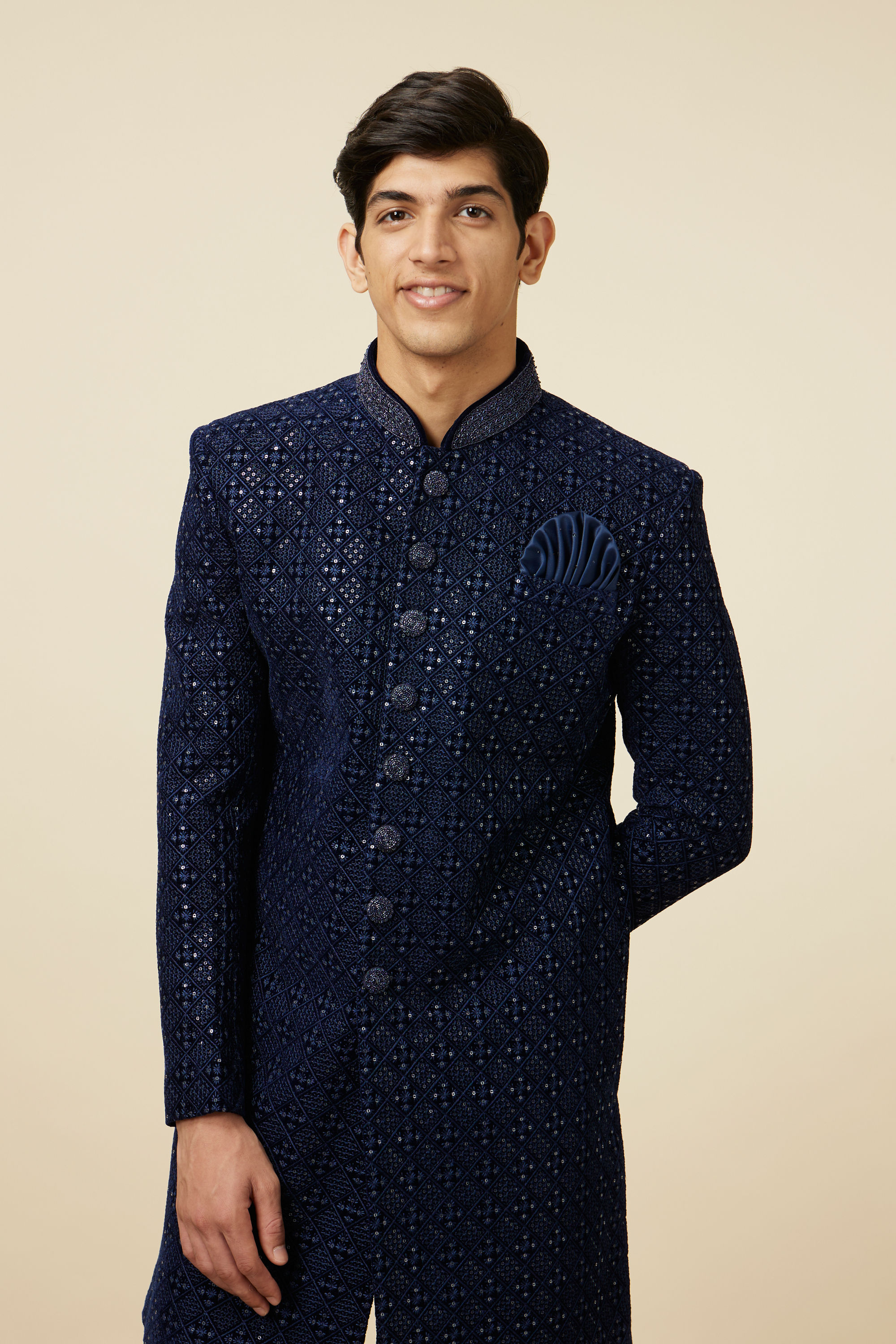 Manyavar Men Sapphire Blue Sequins Embroidered Indo Western