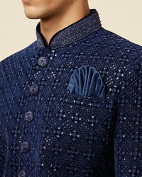 Manyavar Men Sapphire Blue Sequins Embroidered Indo Western