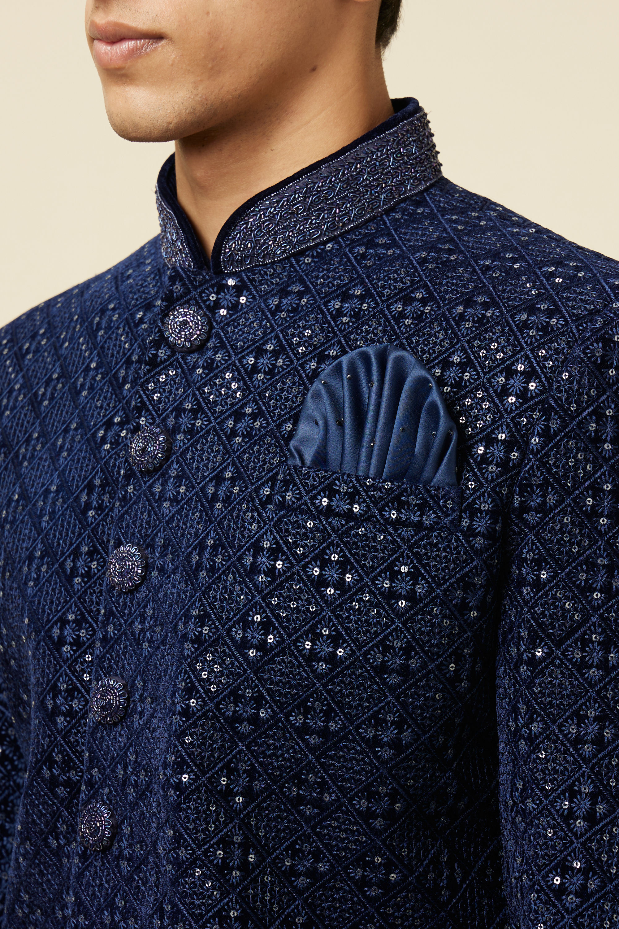 Manyavar Men Sapphire Blue Sequins Embroidered Indo Western