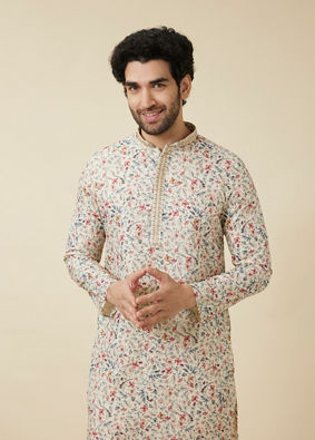 Biscuit Cream Floral Kurta Set with Embroidered Collar image number 0