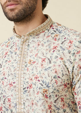 Biscuit Cream Floral Kurta Set with Embroidered Collar image number 1