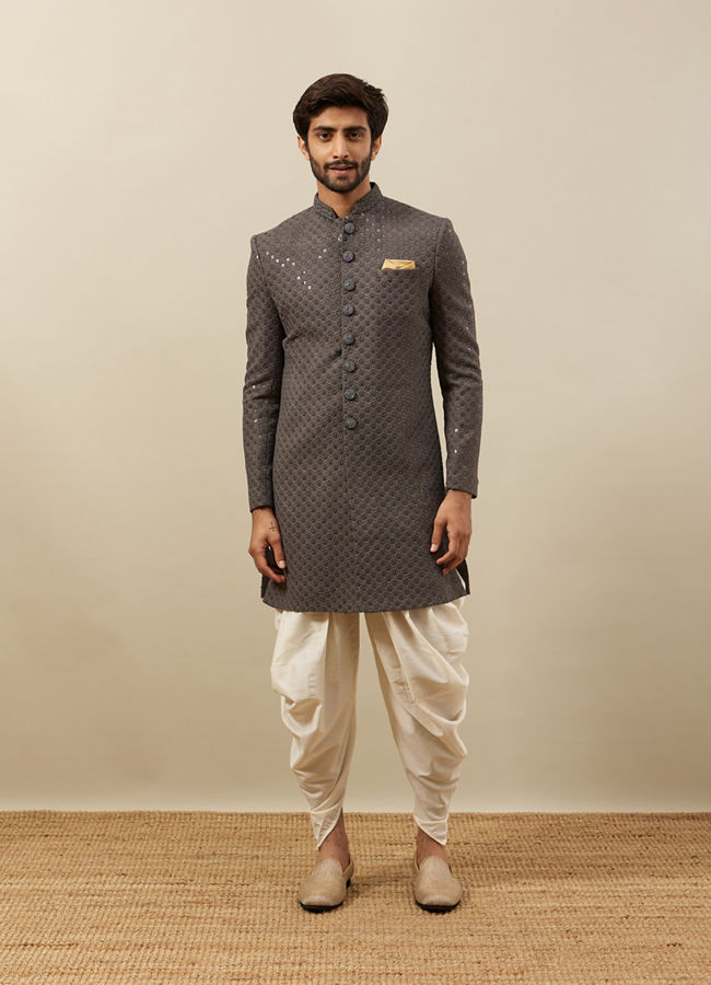 alt message - Manyavar Men Stone Grey Floral Patterned Indo Western Set image number 2