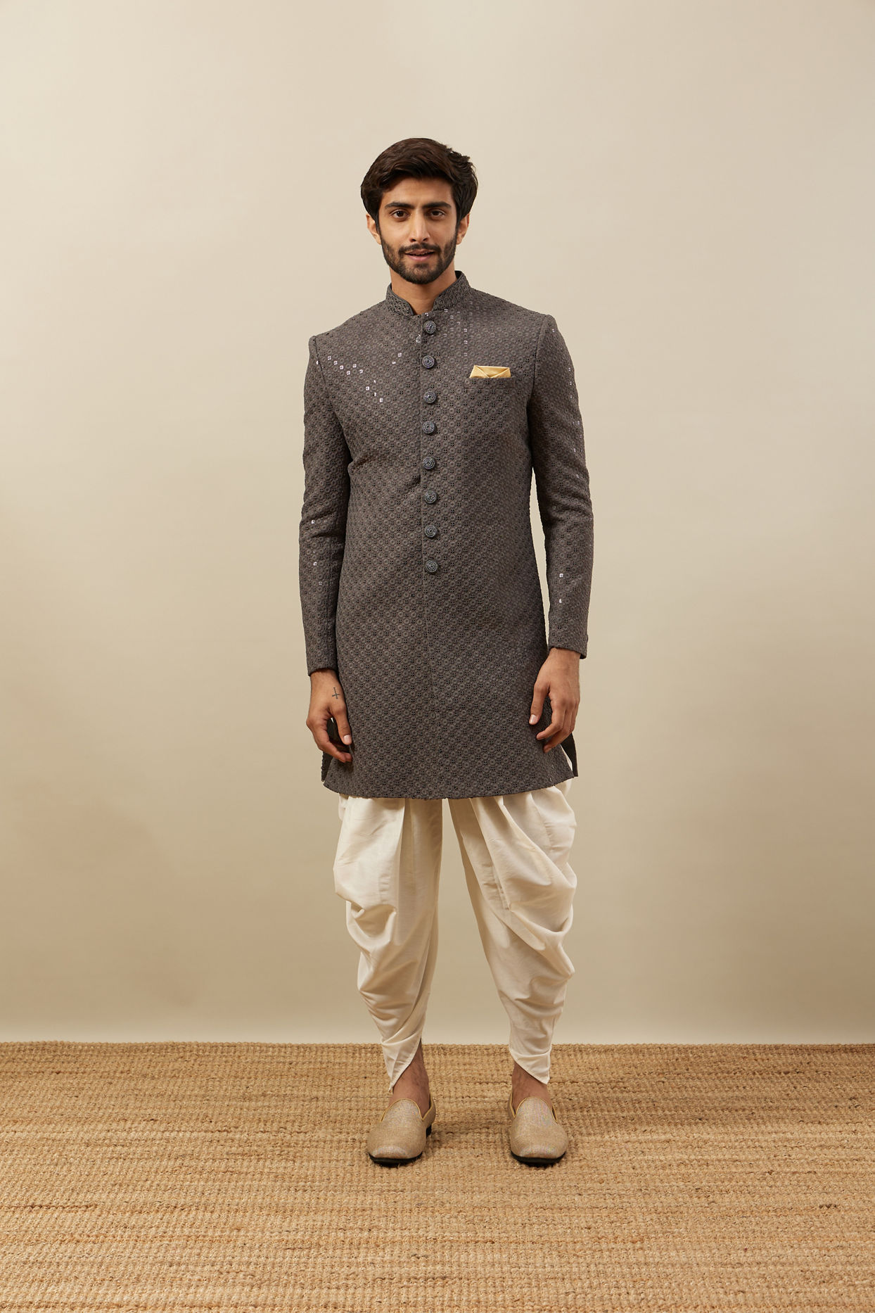 Manyavar Men Stone Grey Floral Patterned Indo Western Set