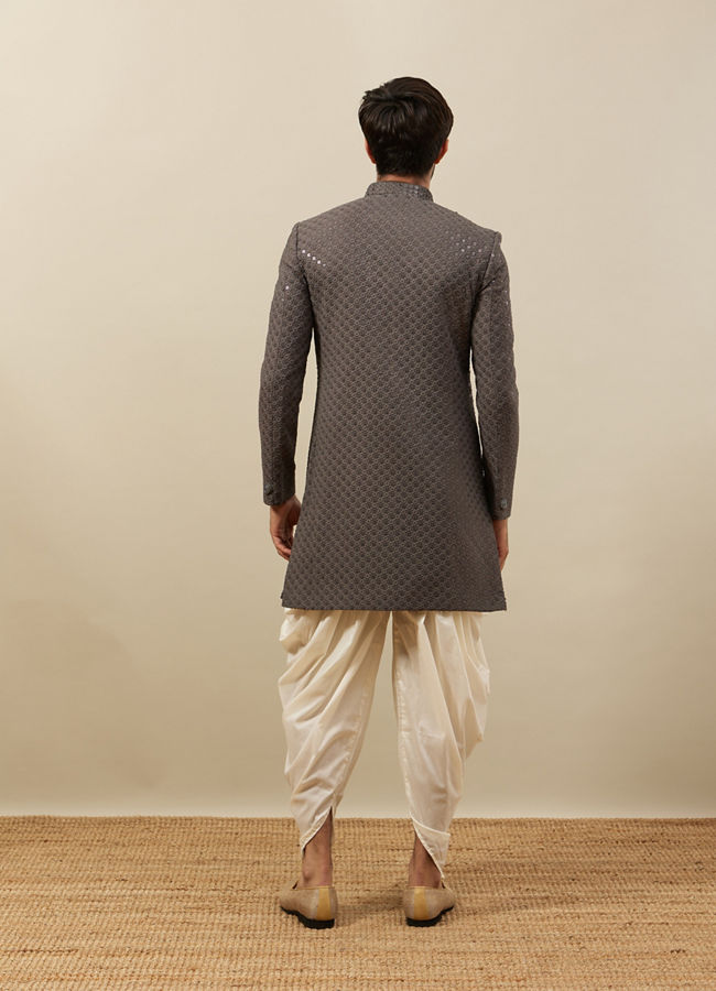 Manyavar Men Stone Grey Floral Patterned Indo Western Set