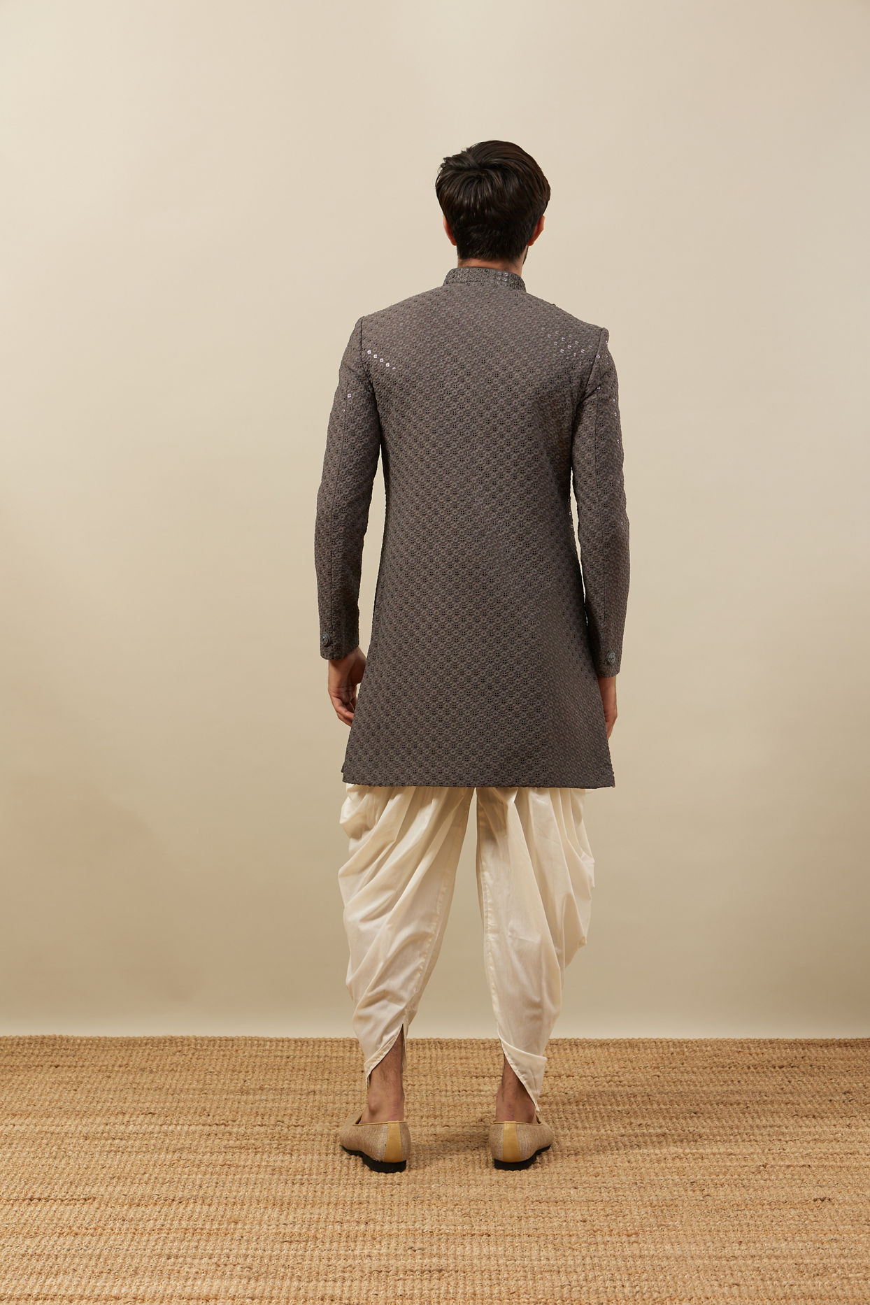 Manyavar Men Stone Grey Floral Patterned Indo Western Set