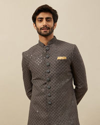 Manyavar Men Stone Grey Floral Patterned Indo Western Set