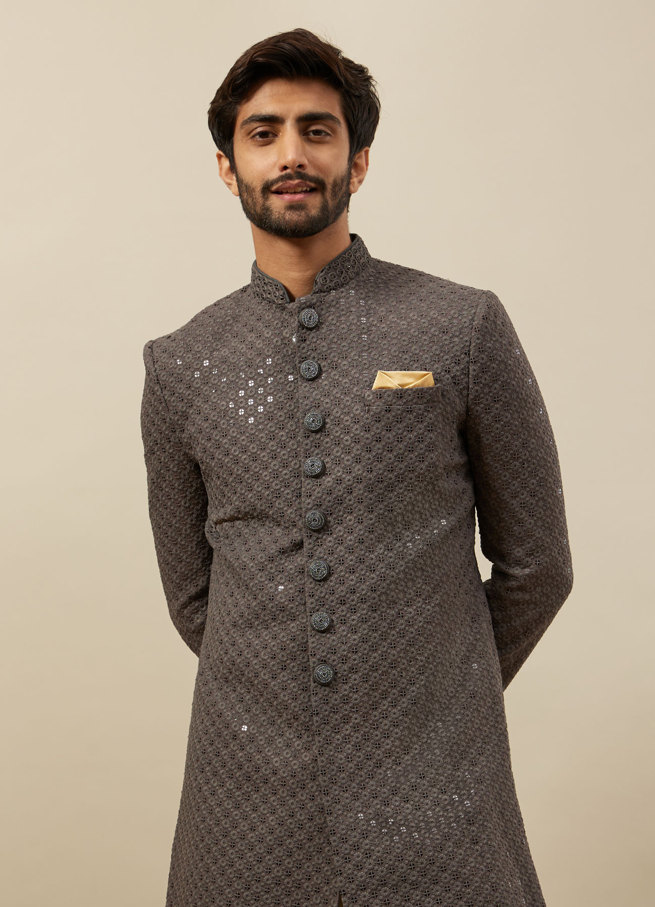 Manyavar Men Stone Grey Floral Patterned Indo Western Set