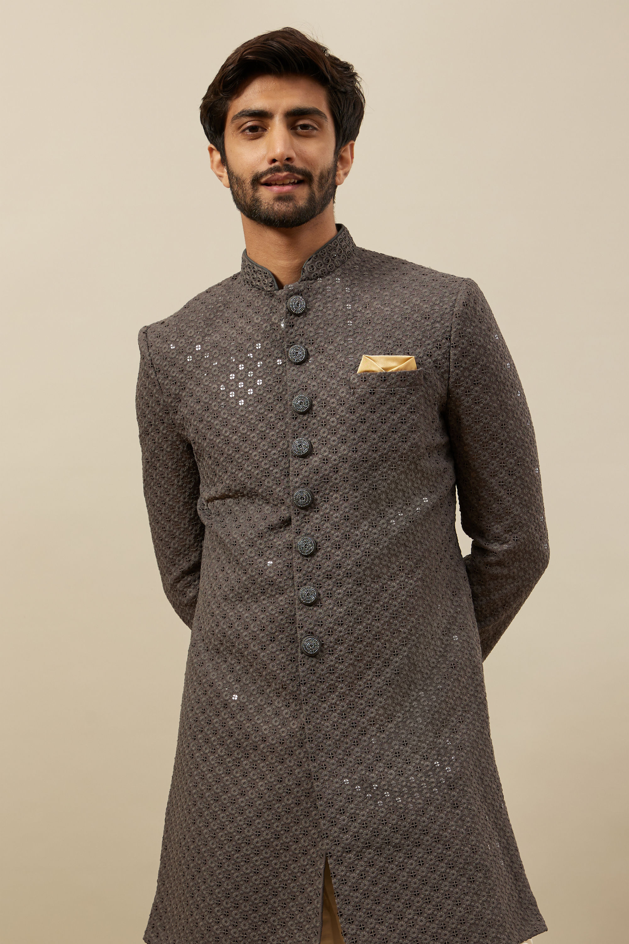 Manyavar Men Stone Grey Floral Patterned Indo Western Set