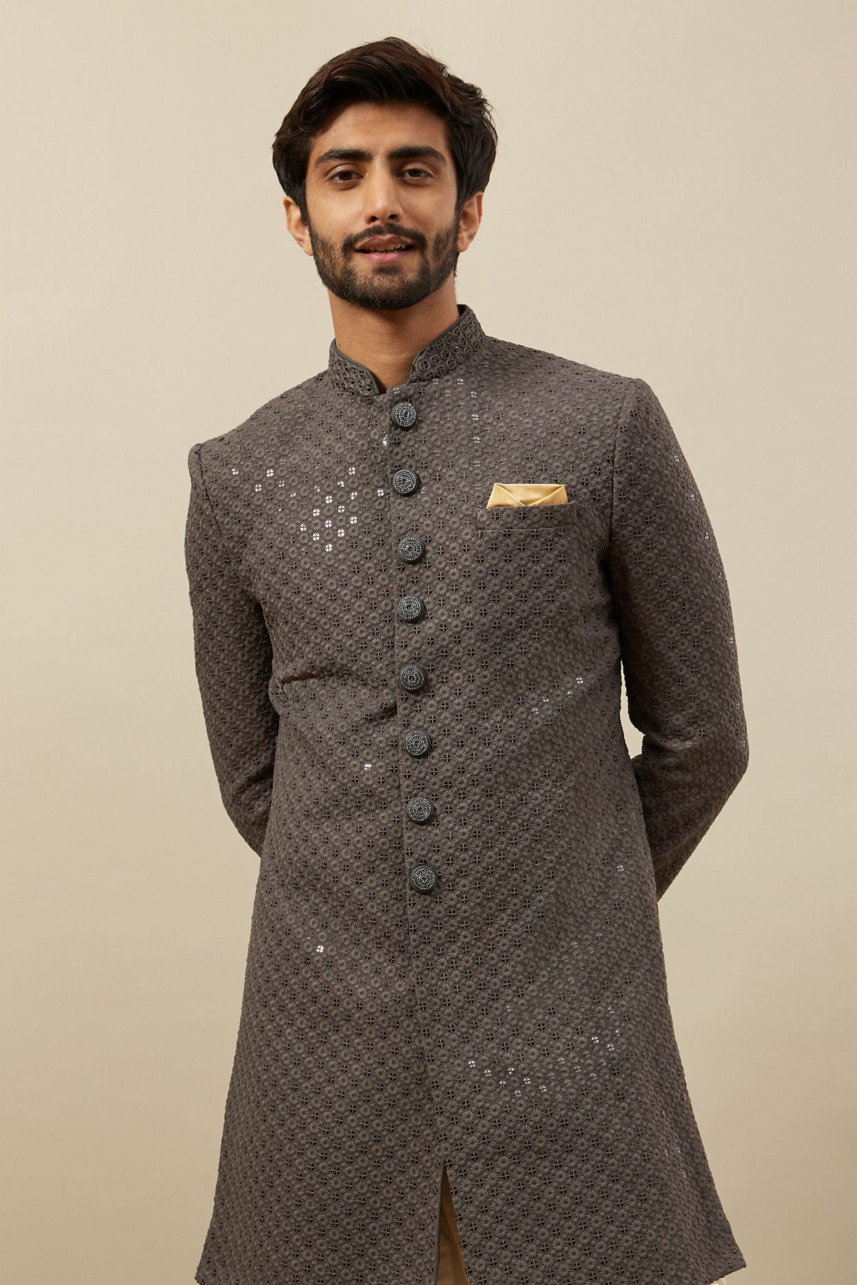 alt message - Manyavar Men Stone Grey Floral Patterned Indo Western Set image number 0