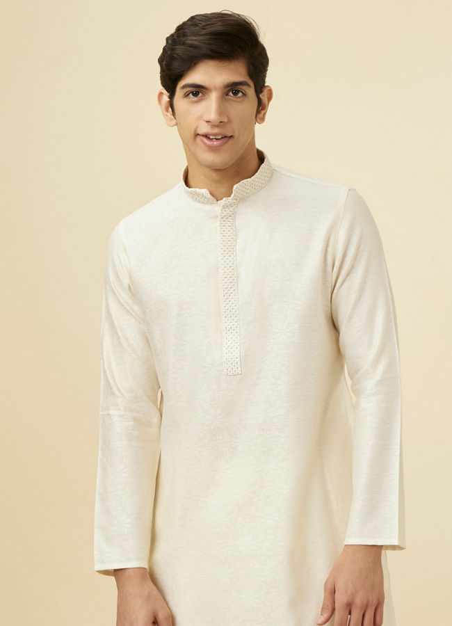 alt message - Manyavar Men Sublime Cream Jacquard Kurta Set image number 0