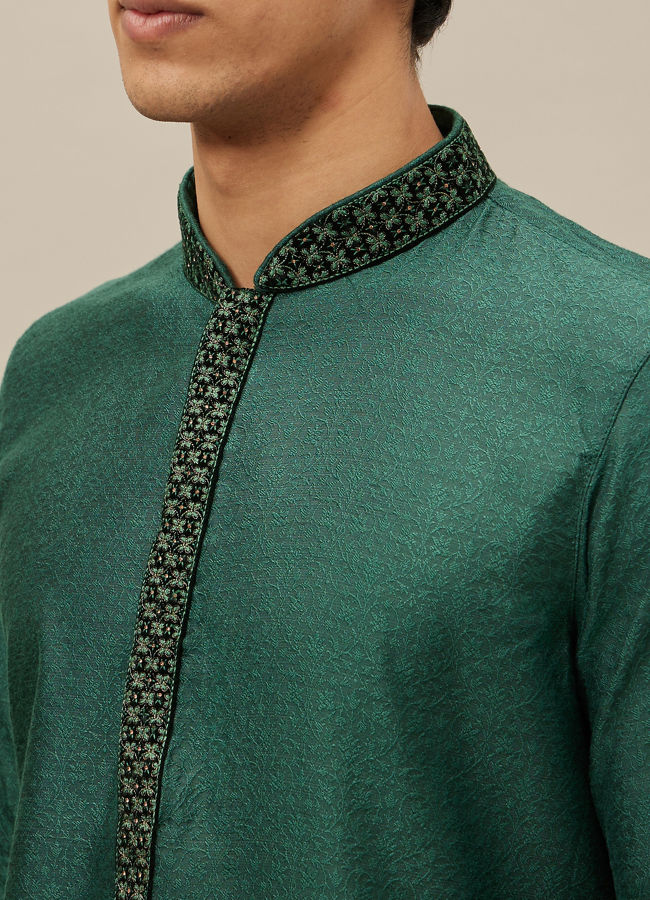 Manyavar Men Hunter Green Bel Buti Patterned Kurta Set