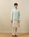 alt message - Manyavar Men Fair Aqua Blue Moroccan Printed Jacket image number 2