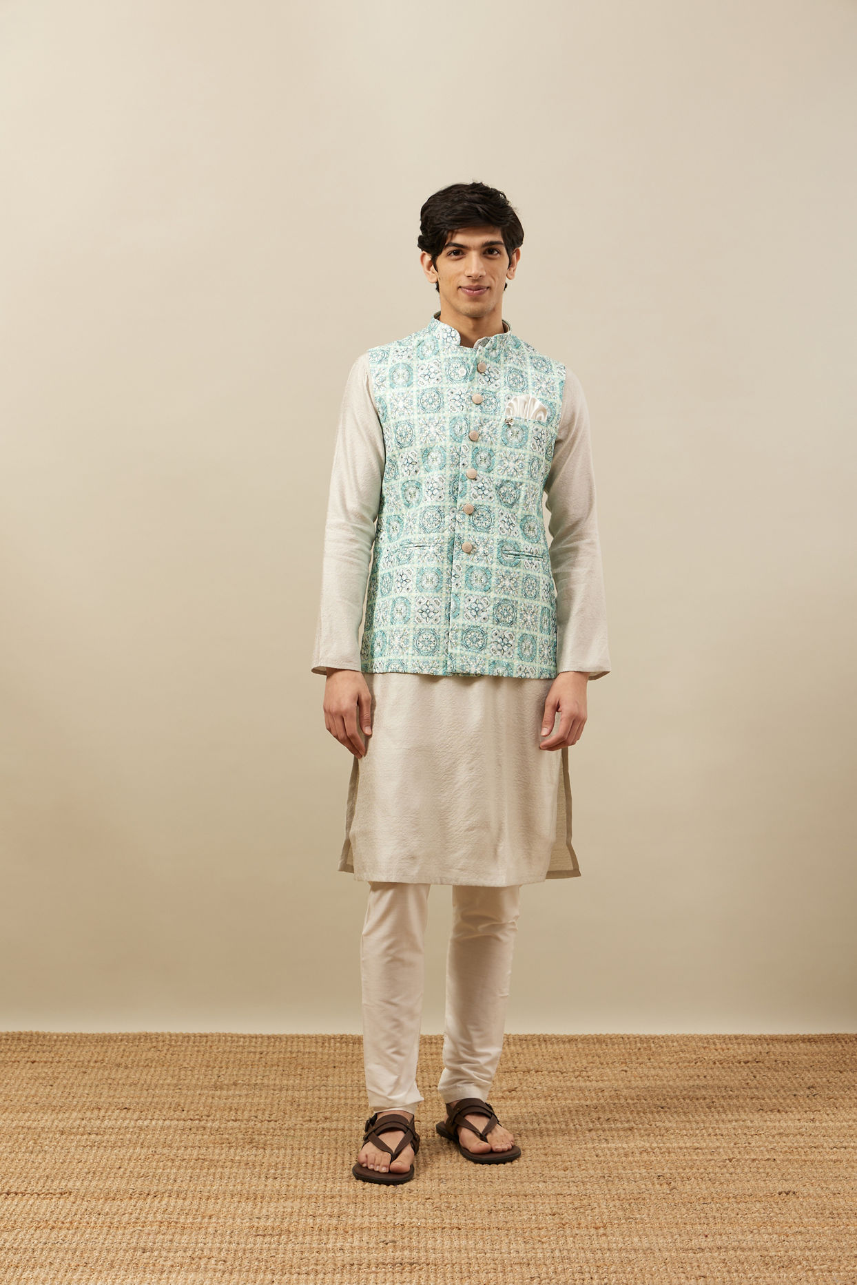 alt message - Manyavar Men Fair Aqua Blue Moroccan Printed Jacket image number 2