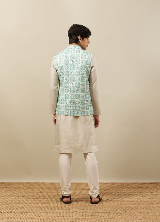 alt message - Manyavar Men Fair Aqua Blue Moroccan Printed Jacket image number 3