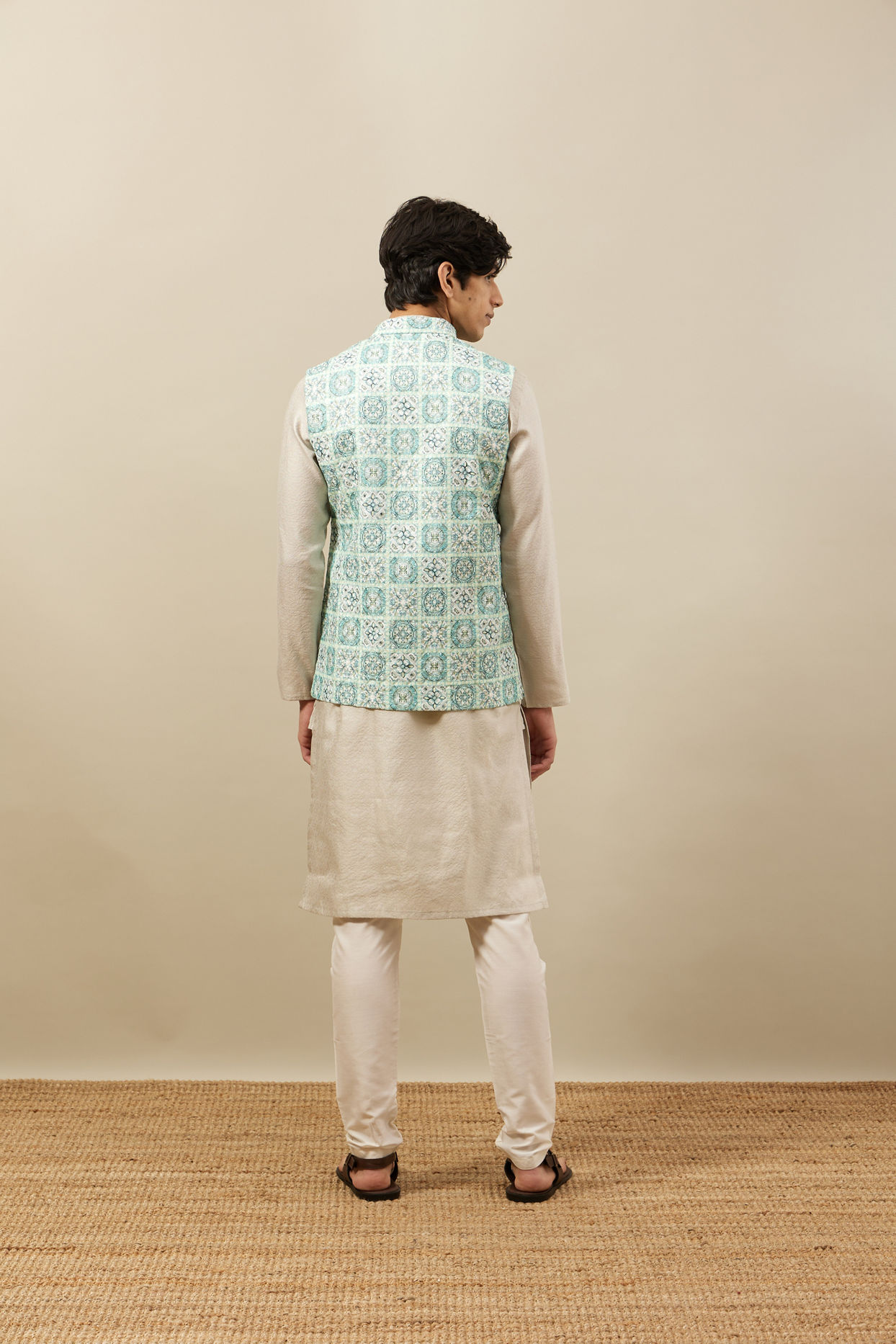 alt message - Manyavar Men Fair Aqua Blue Moroccan Printed Jacket image number 3