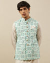 alt message - Manyavar Men Fair Aqua Blue Moroccan Printed Jacket image number 0