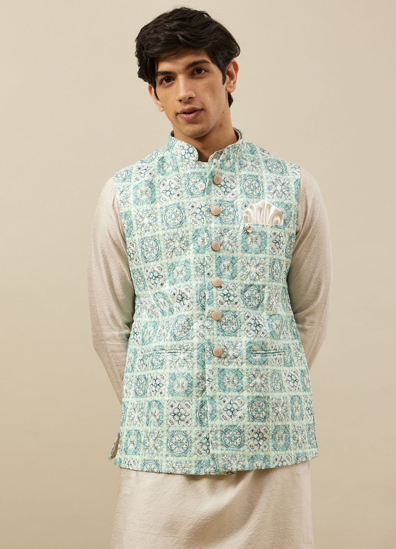 Manyavar Men Fair Aqua Blue Moroccan Printed Jacket