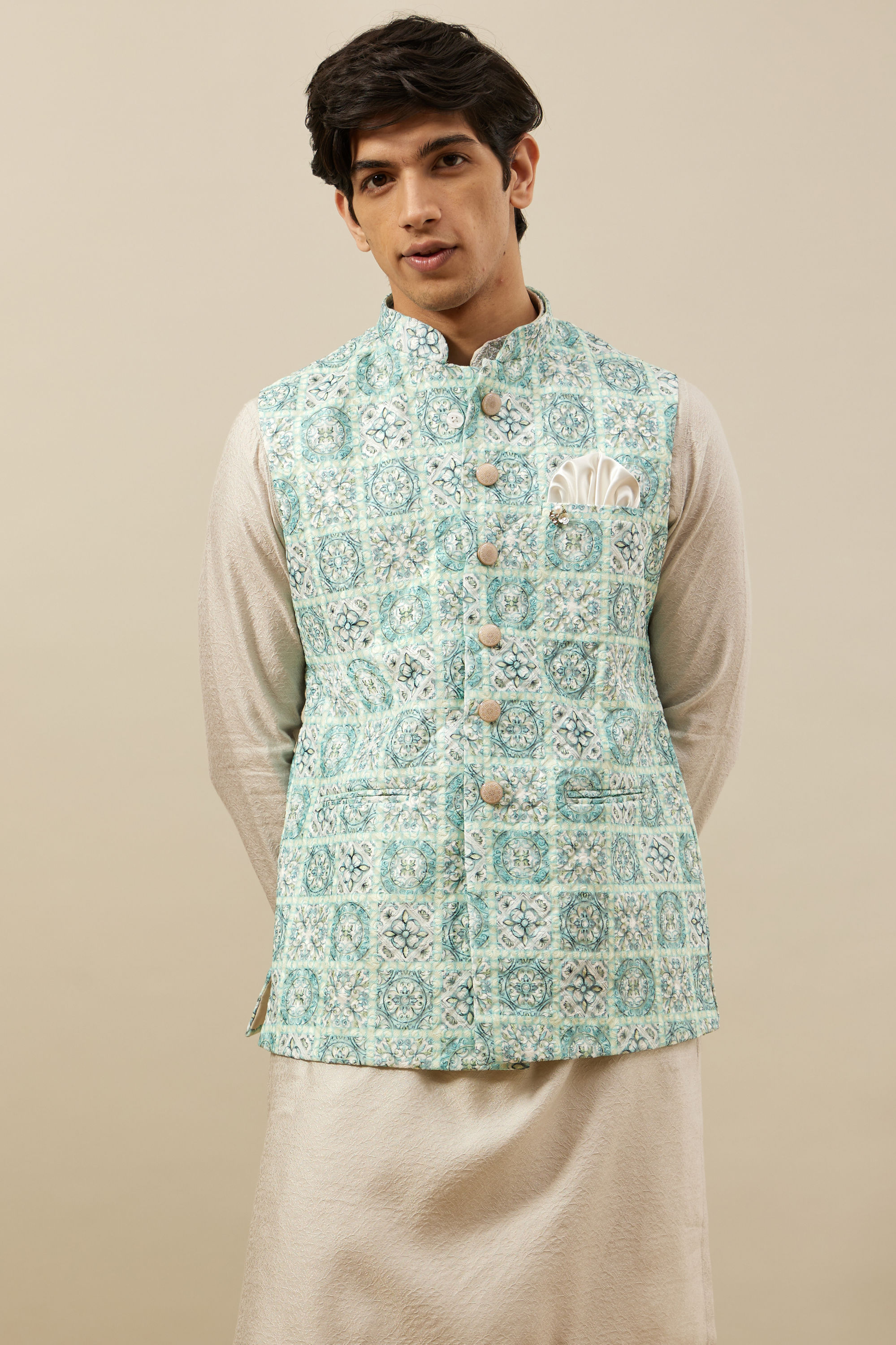 Manyavar Men Fair Aqua Blue Moroccan Printed Jacket