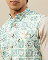 Manyavar Men Fair Aqua Blue Moroccan Printed Jacket