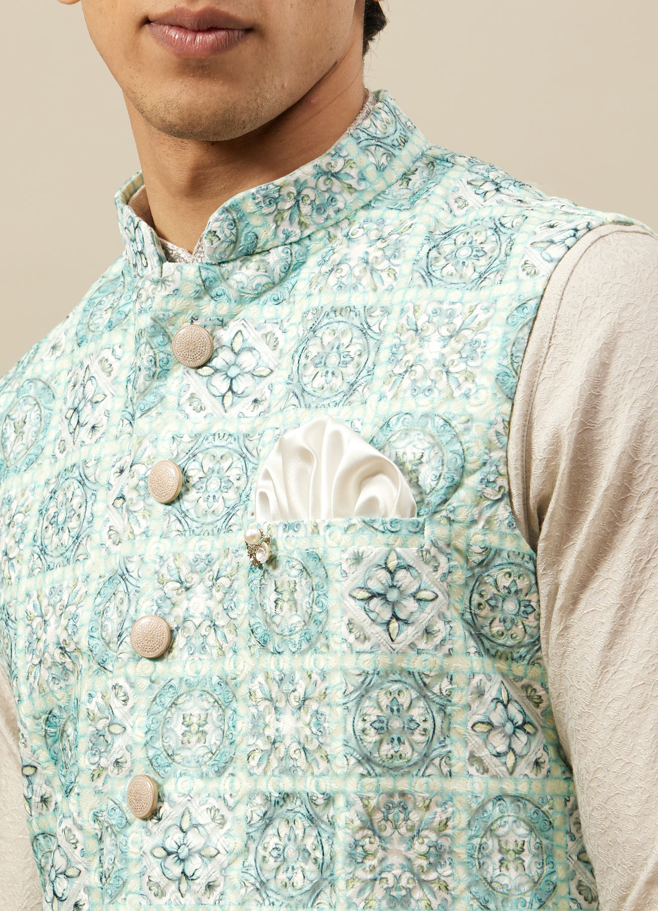 Manyavar Men Fair Aqua Blue Moroccan Printed Jacket