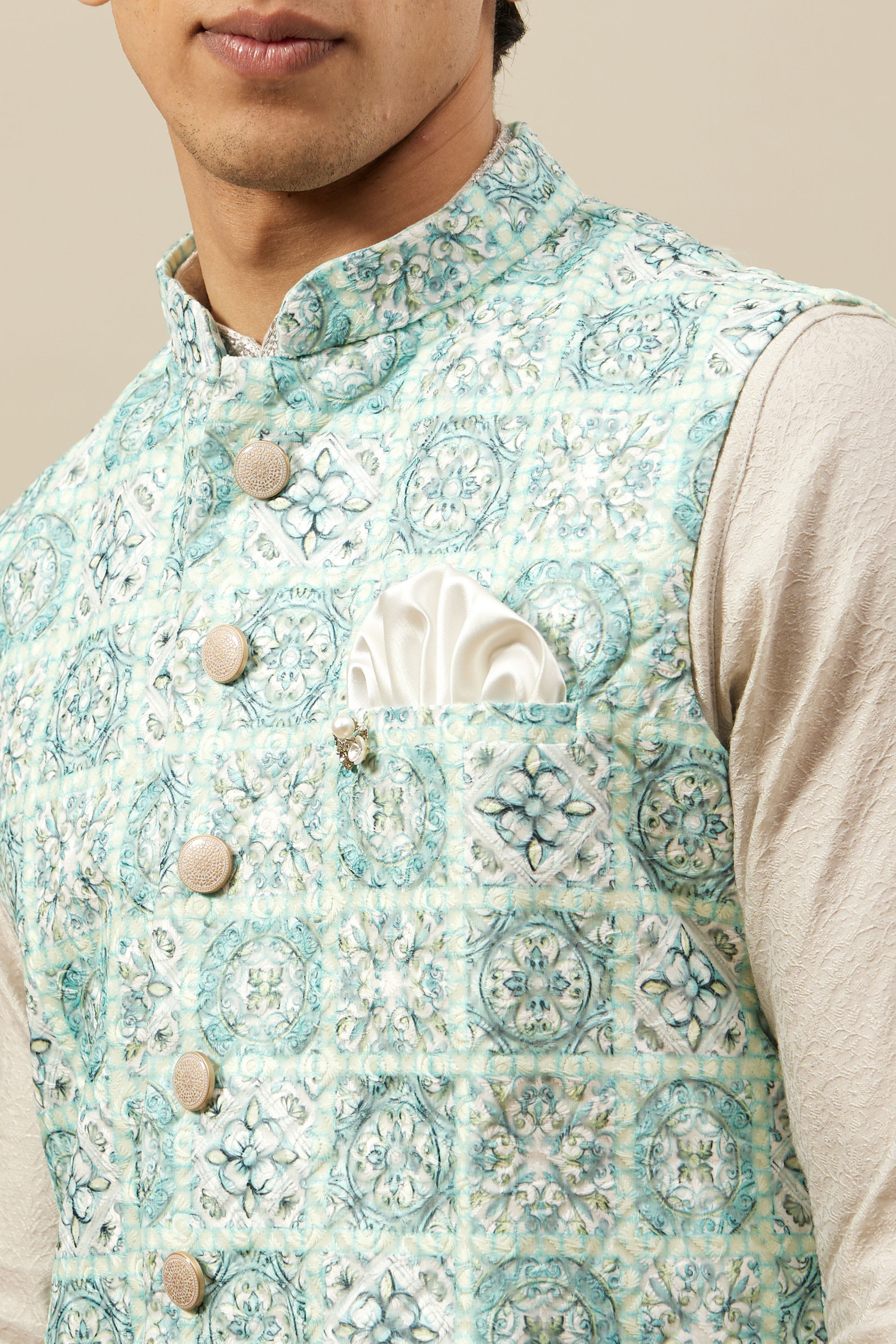 Manyavar Men Fair Aqua Blue Moroccan Printed Jacket