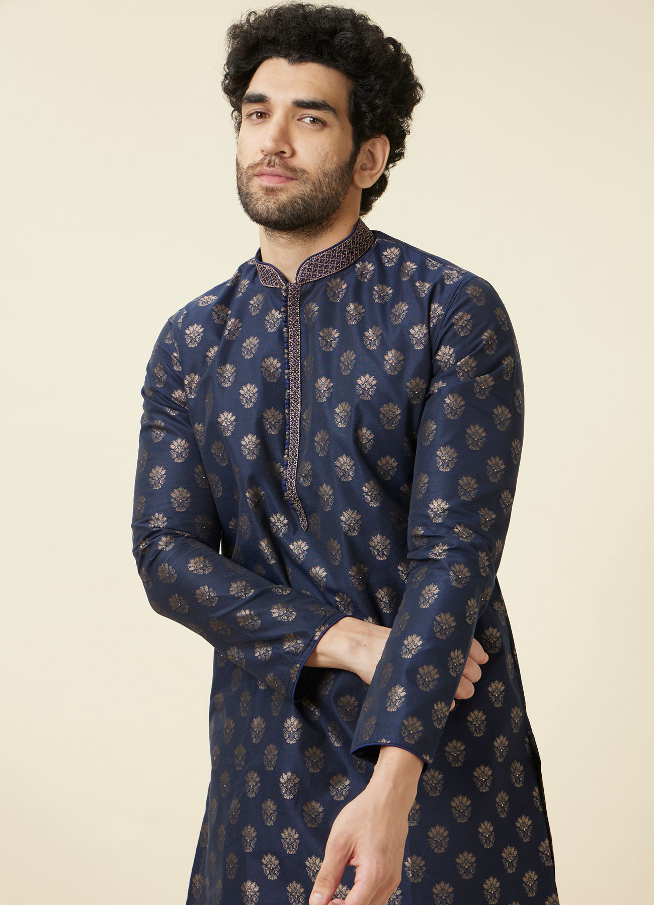 Manyavar Men Estate Blue Buta Patterned Kurta Set