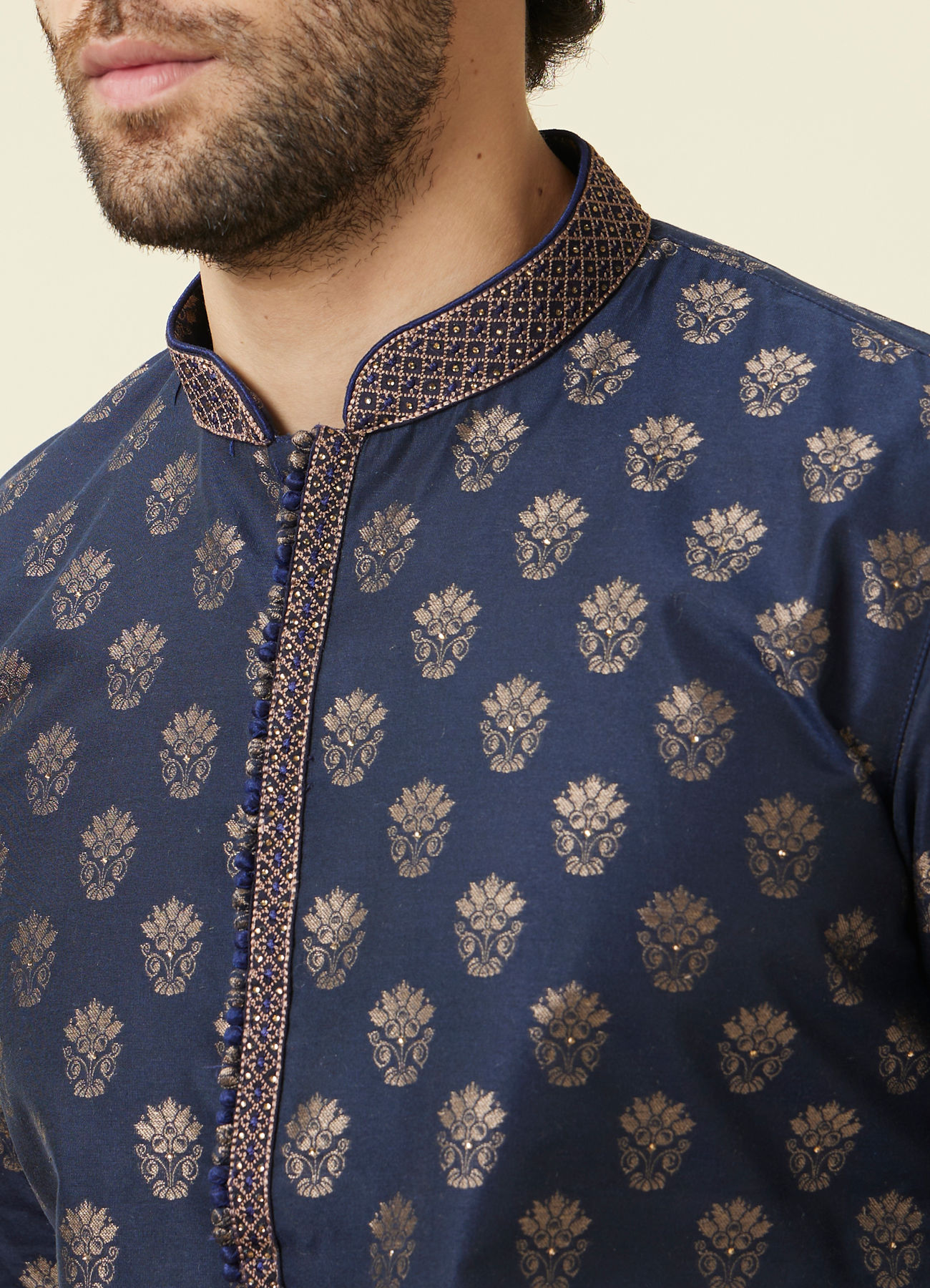Manyavar Men Estate Blue Buta Patterned Kurta Set