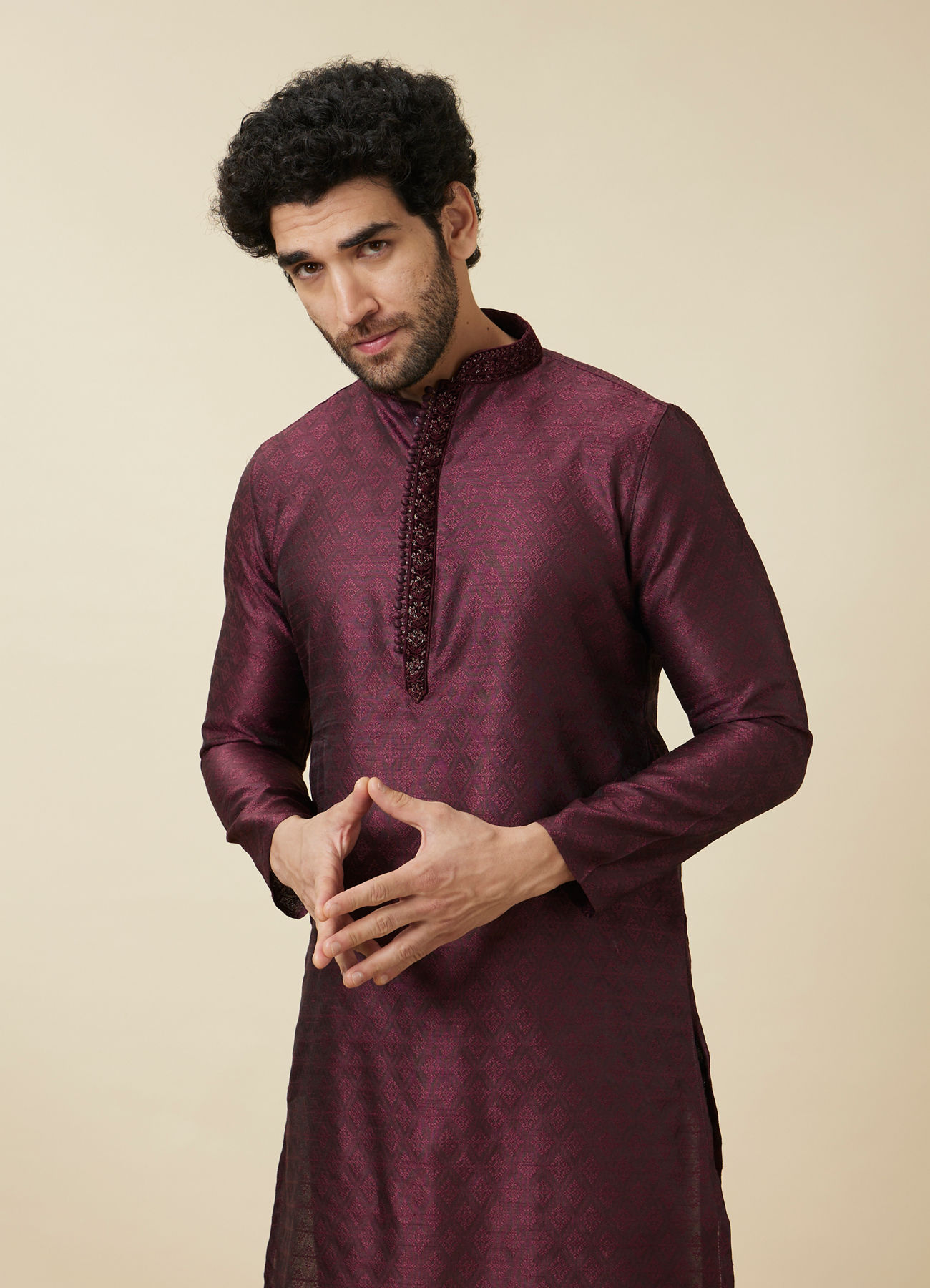 Manyavar Men Windsor Wine Medallion Patterned Kurta Set