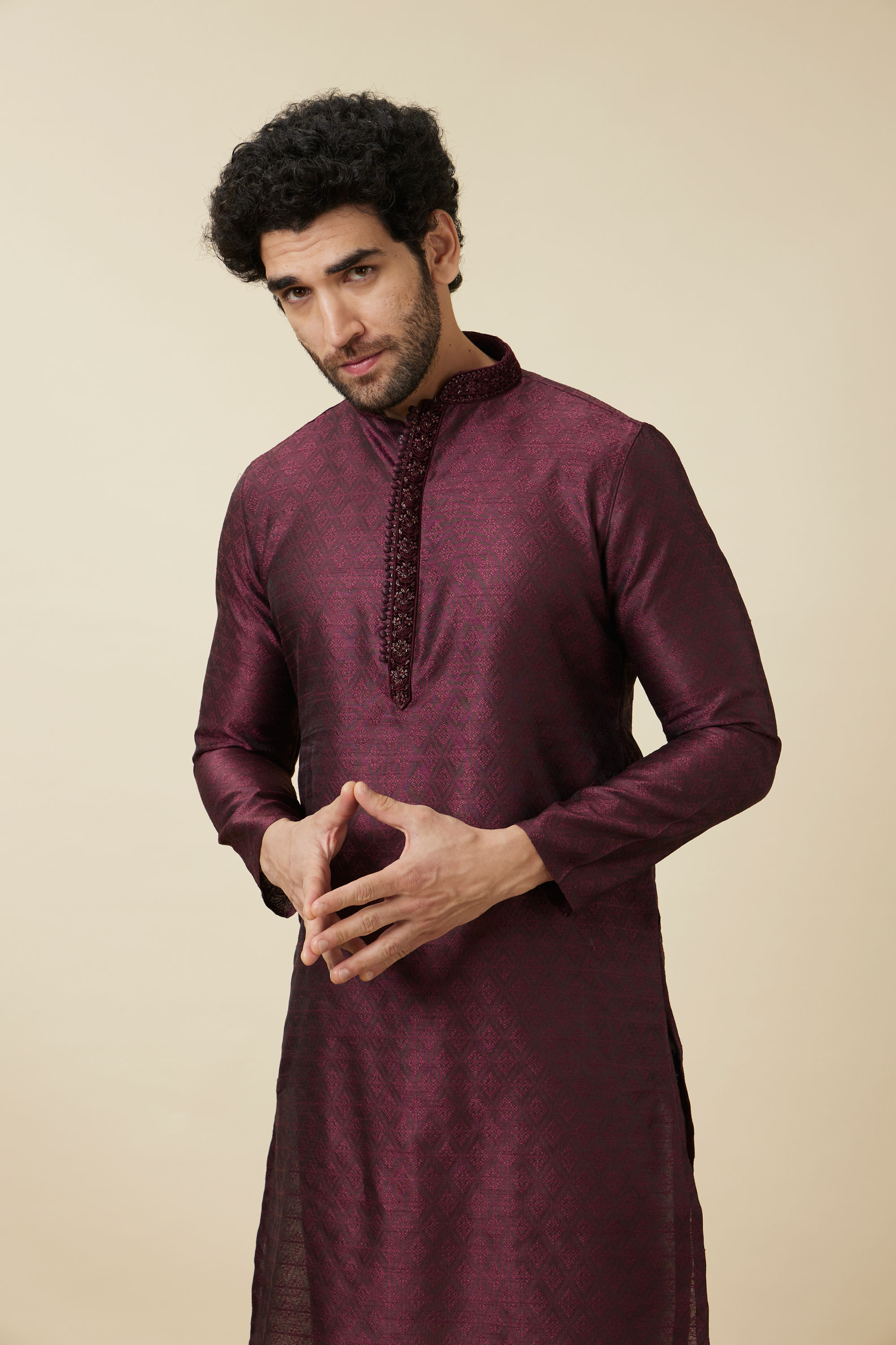 Manyavar Men Windsor Wine Medallion Patterned Kurta Set