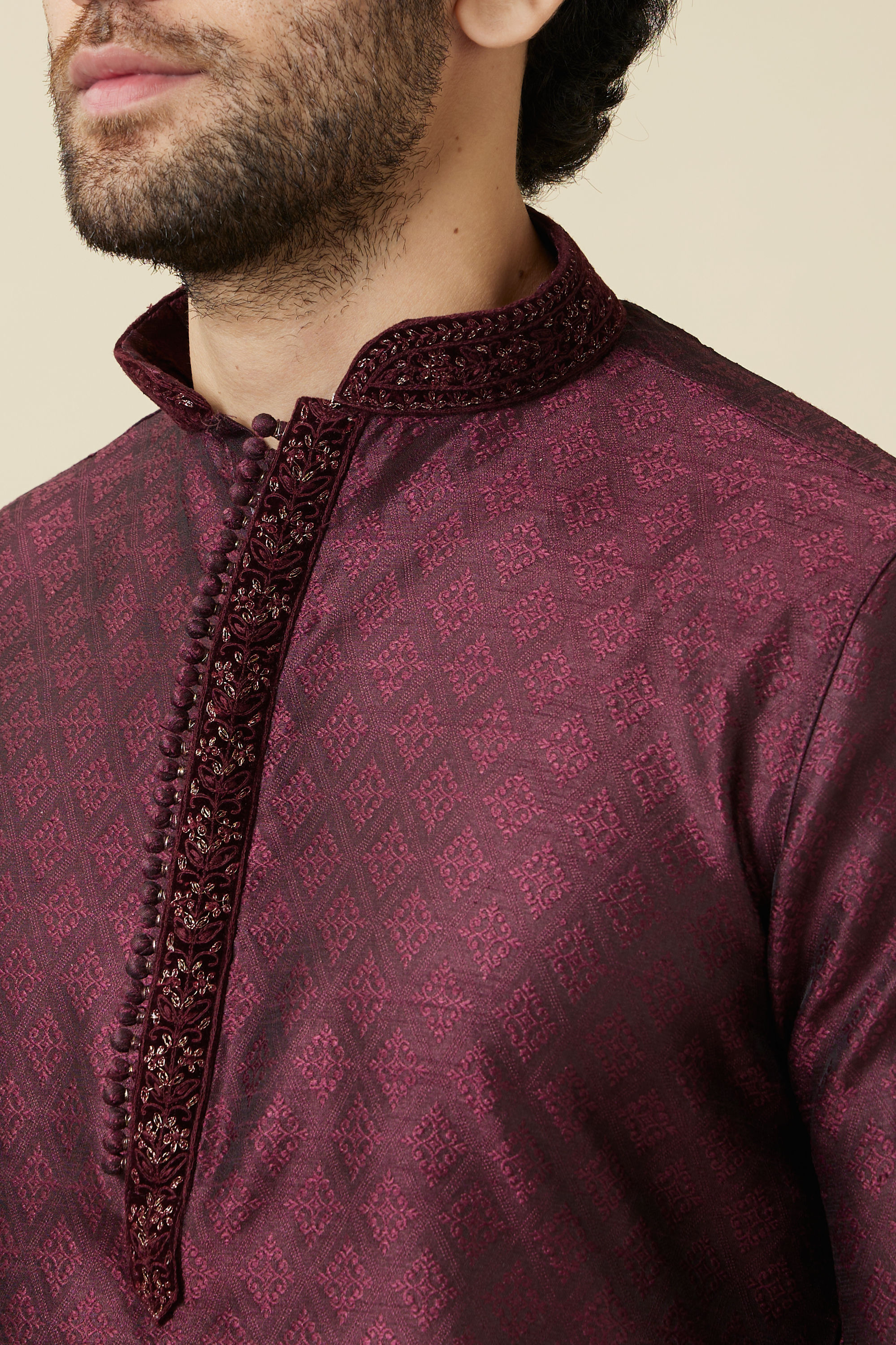 Manyavar Men Windsor Wine Medallion Patterned Kurta Set